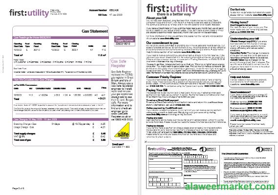 United Kingdom First gas and electricity utility bill in Word and PDF formats, 6 pages..